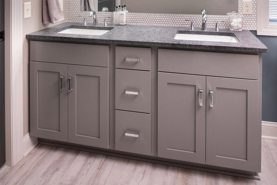 Amish-Made Bathroom Cabinets with Brown Maple Wood in Chelsea Grey