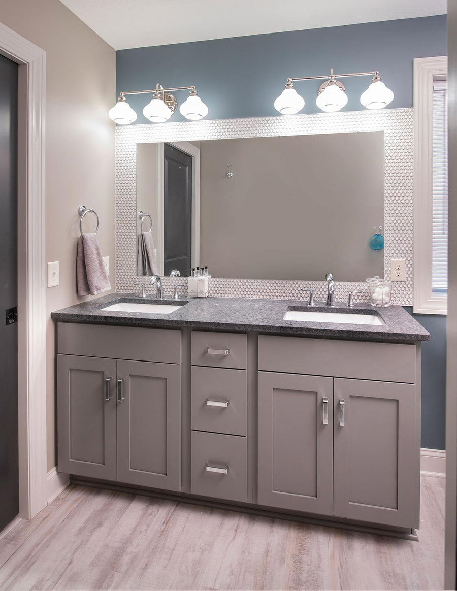 Amish-Made Bathroom Cabinets with Brown Maple Wood in Chelsea Grey