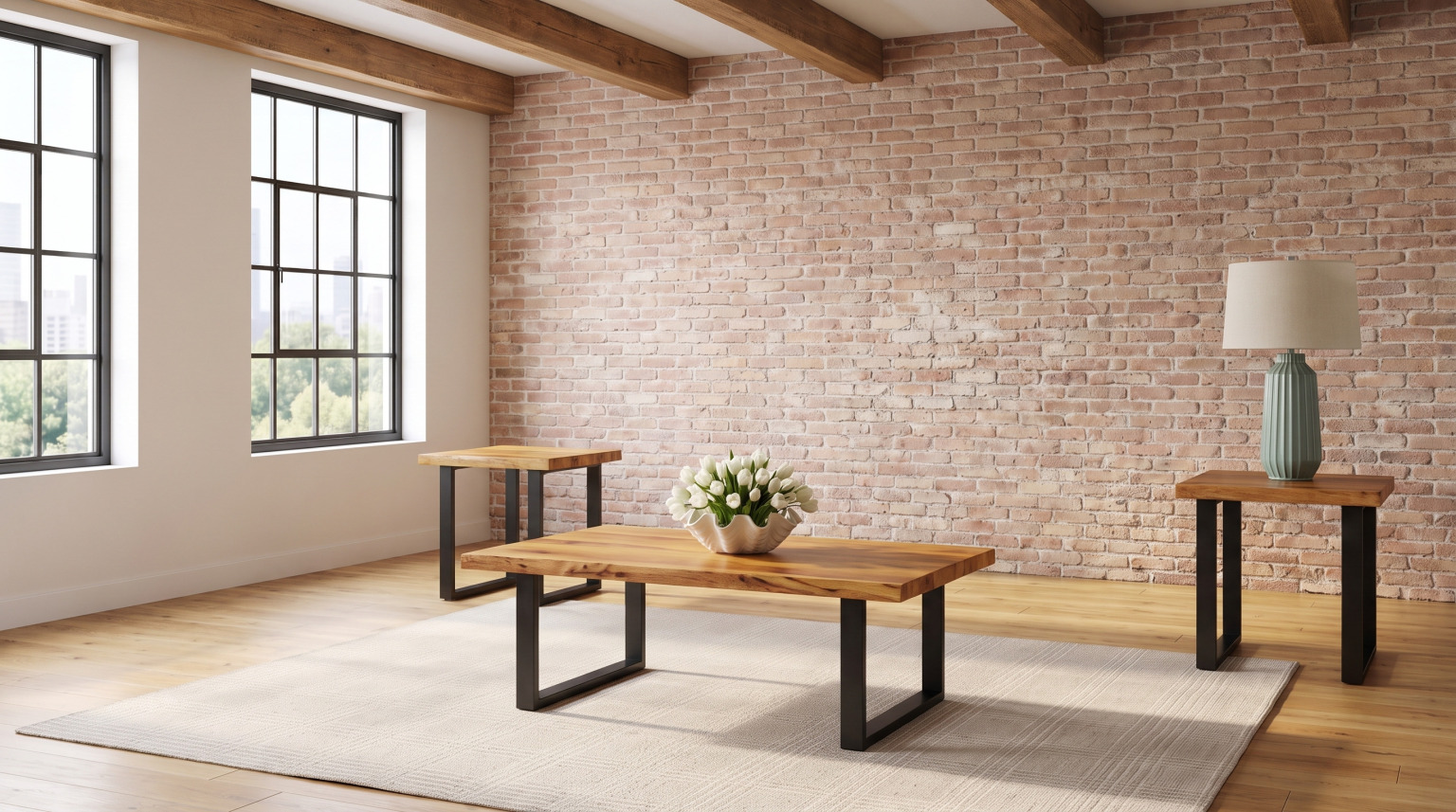 A wormy maple live-edge coffee table and two end tables on open blackened steel frames
