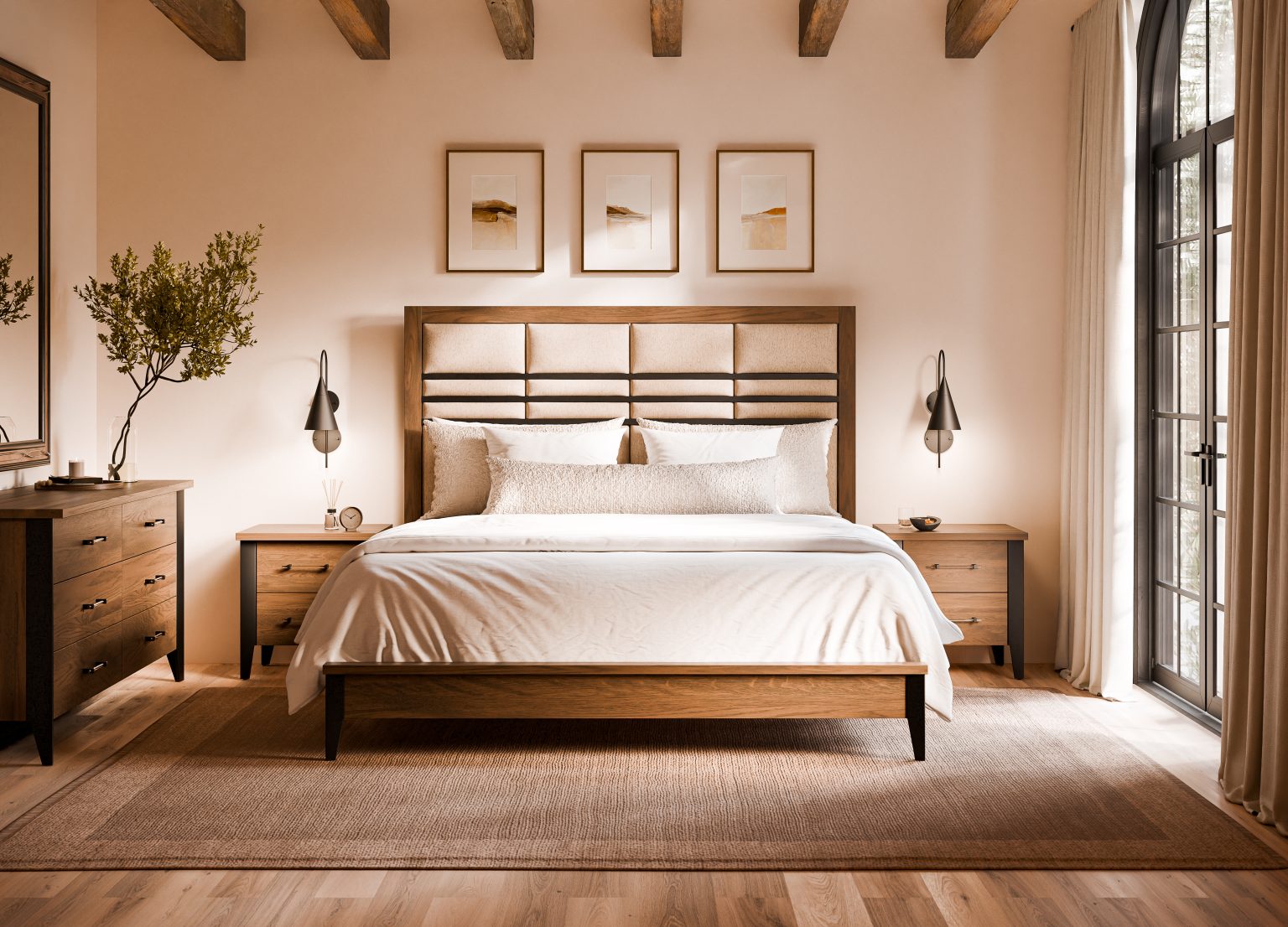A rustic white oak bed with a slatted headboard between two matching nightstands