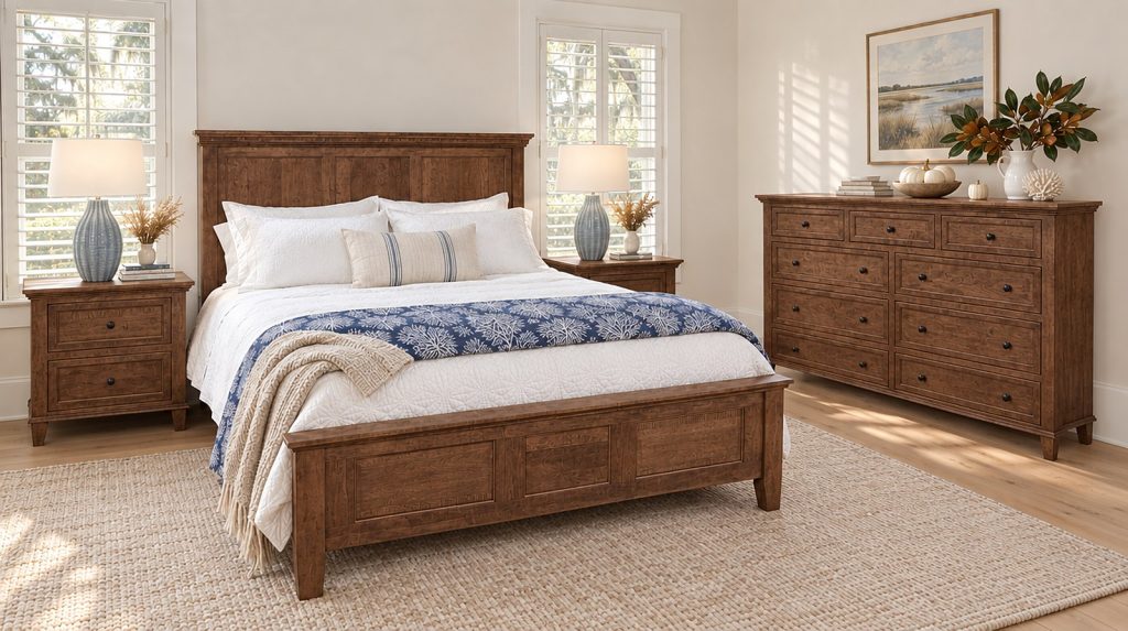 The Arlington Bedroom Collection in a warm maple finish: panel bed, two nightstands and a nine-drawer dresser in a coastal Charleston bedroom