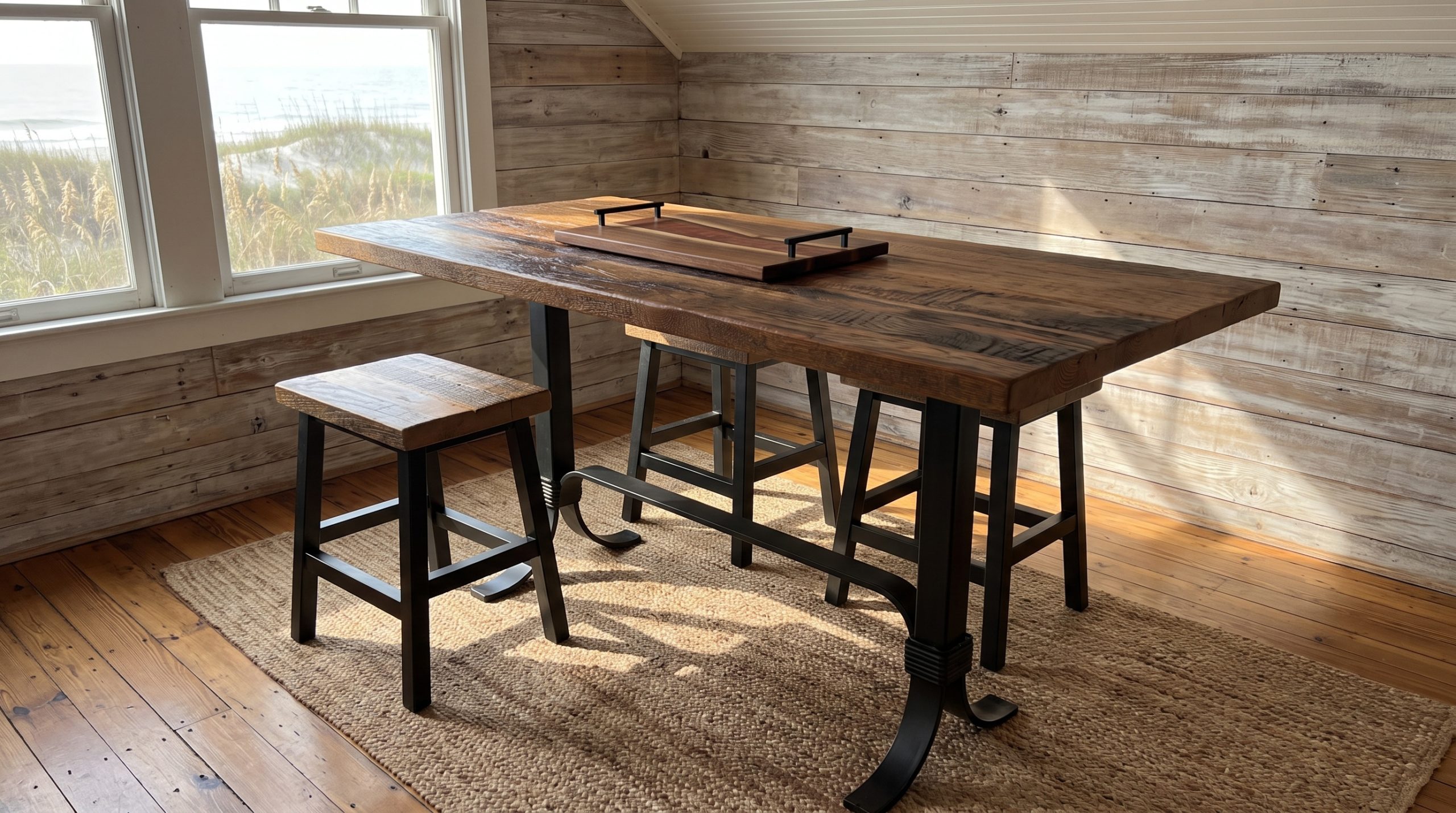 A counter-height table in rough-sawn reclaimed plank on a black steel base with sweeping curved feet, with matching plank stools, in a Folly Beach cottage.