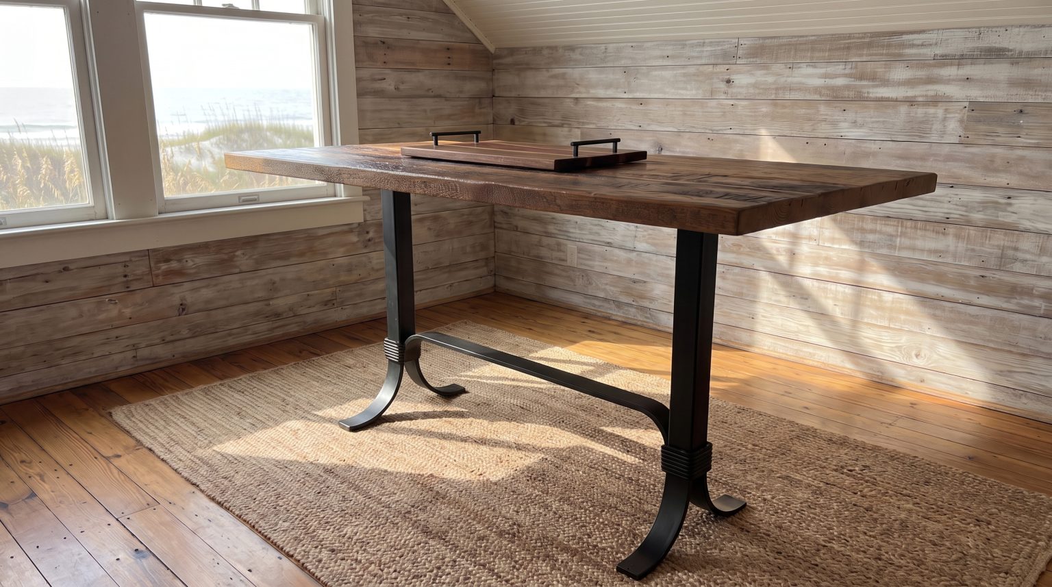 The counter table: Rough-sawn plank top on a black steel base with curved feet.