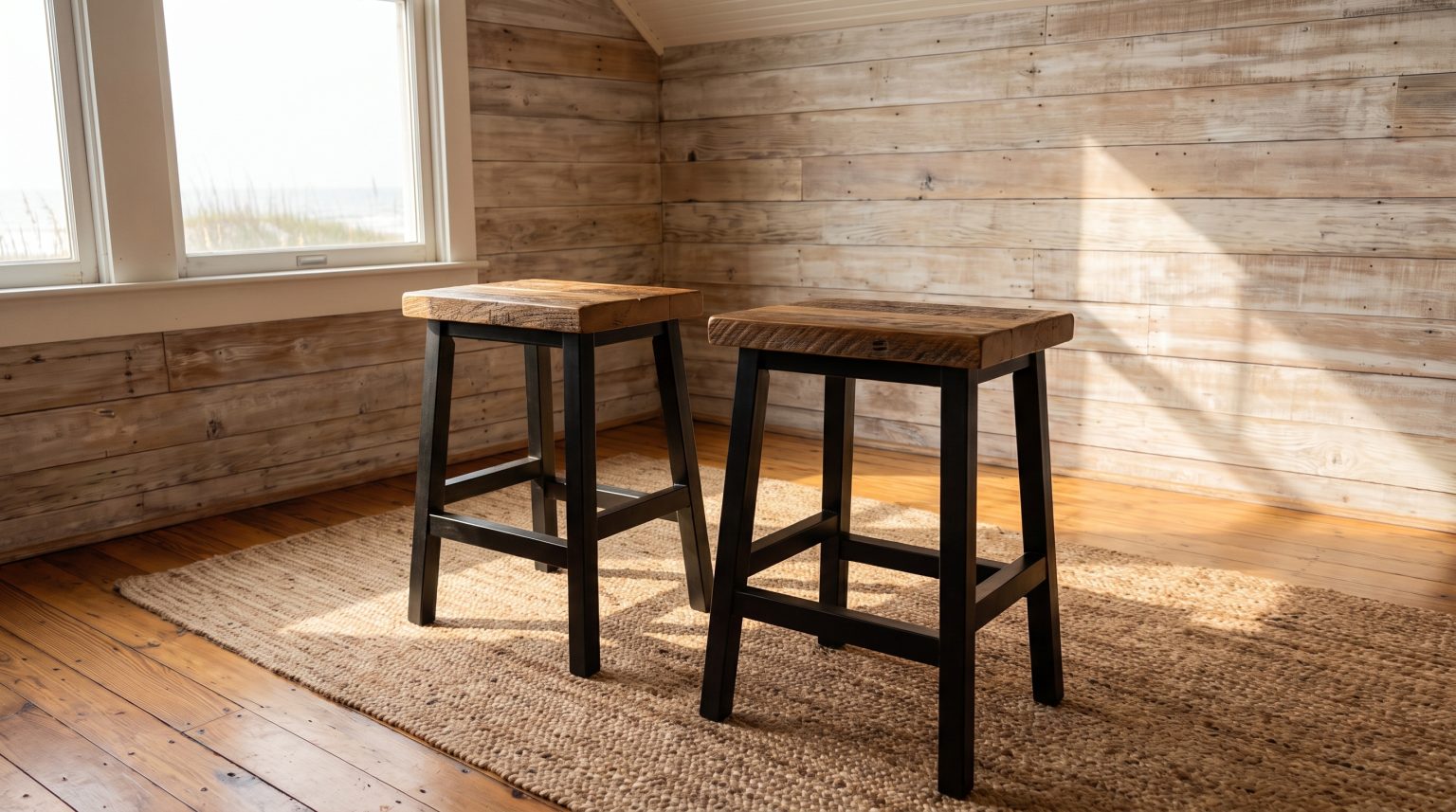 Two plank stools: Square plank seats on black square-tube frames.
