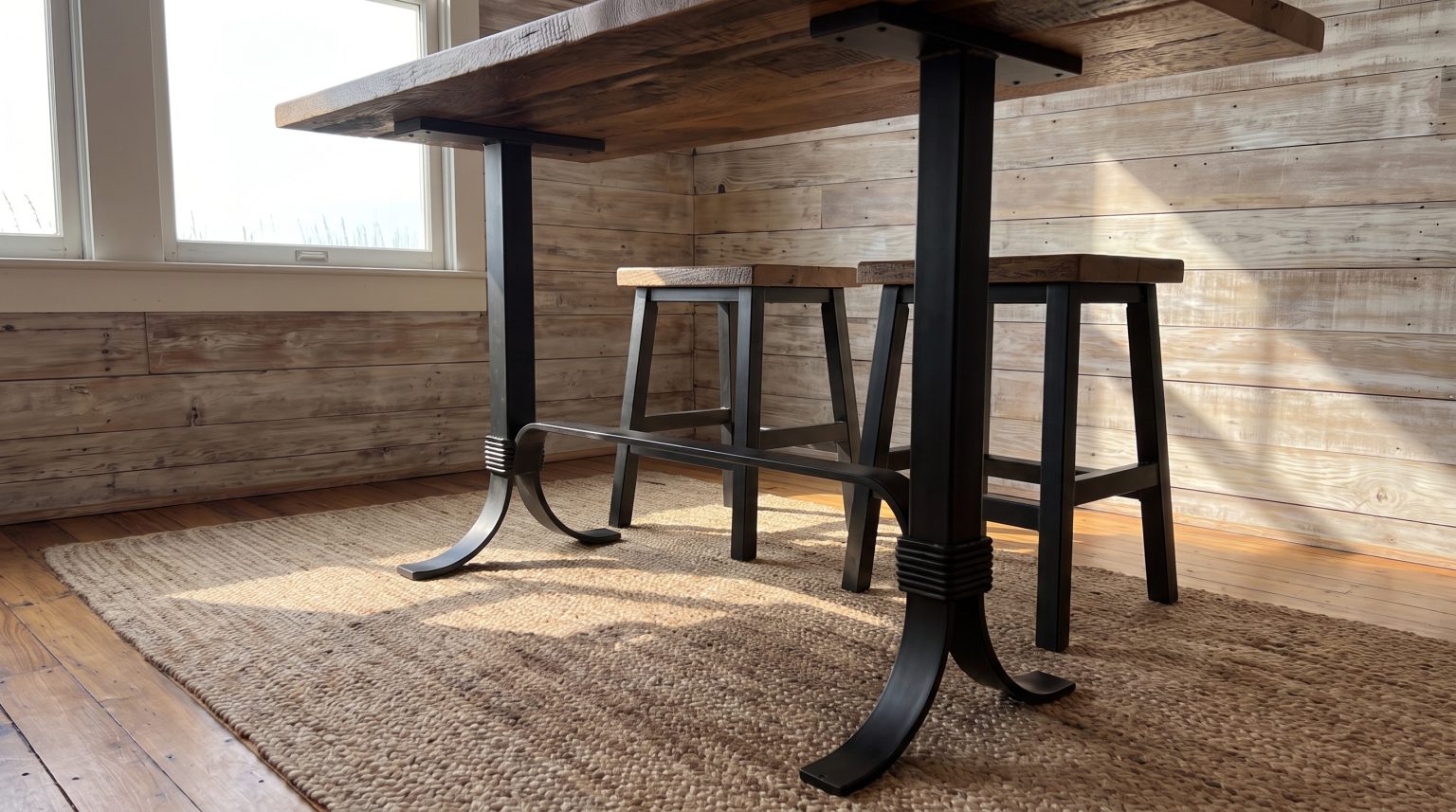 The curved steel foot: Each post sweeps out into a curved foot on the floor.