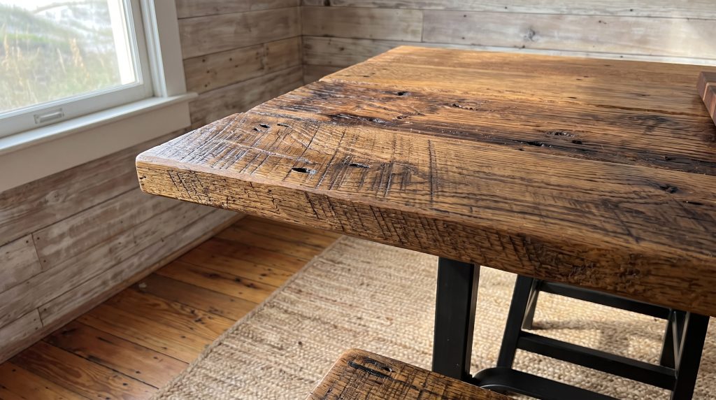Saw marks on the plank: Deep saw-kerf ridges and old nail stains across the top.