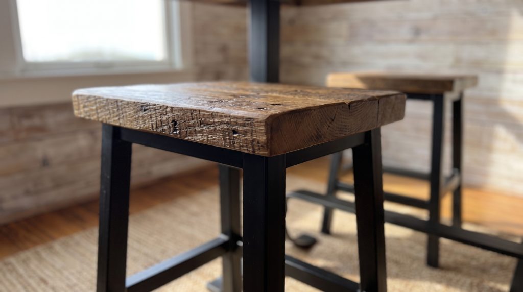 Plank on steel: A rough-sawn stool seat sitting on its black steel frame.