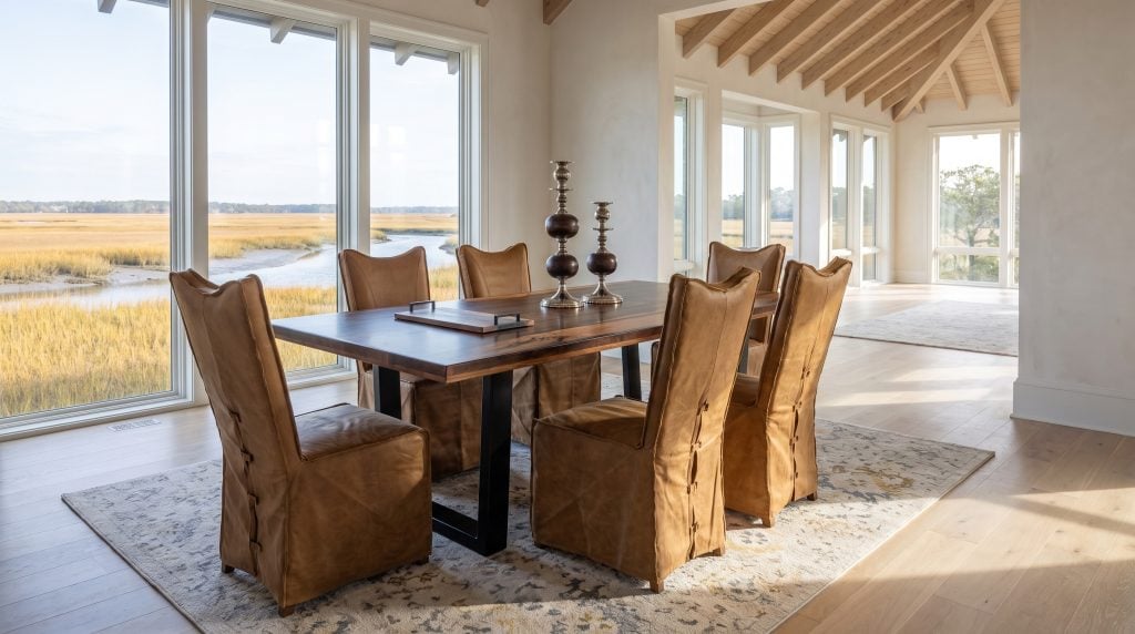 A dark reclaimed plank table with black resin in its seams, on open steel sled legs, with tall camel leather slipcovered chairs, in a Kiawah marsh room.