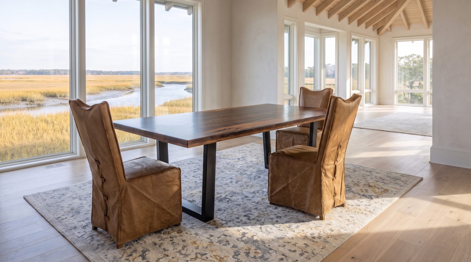Two leather host chairs: Tall camel leather slipcovers running to the floor.