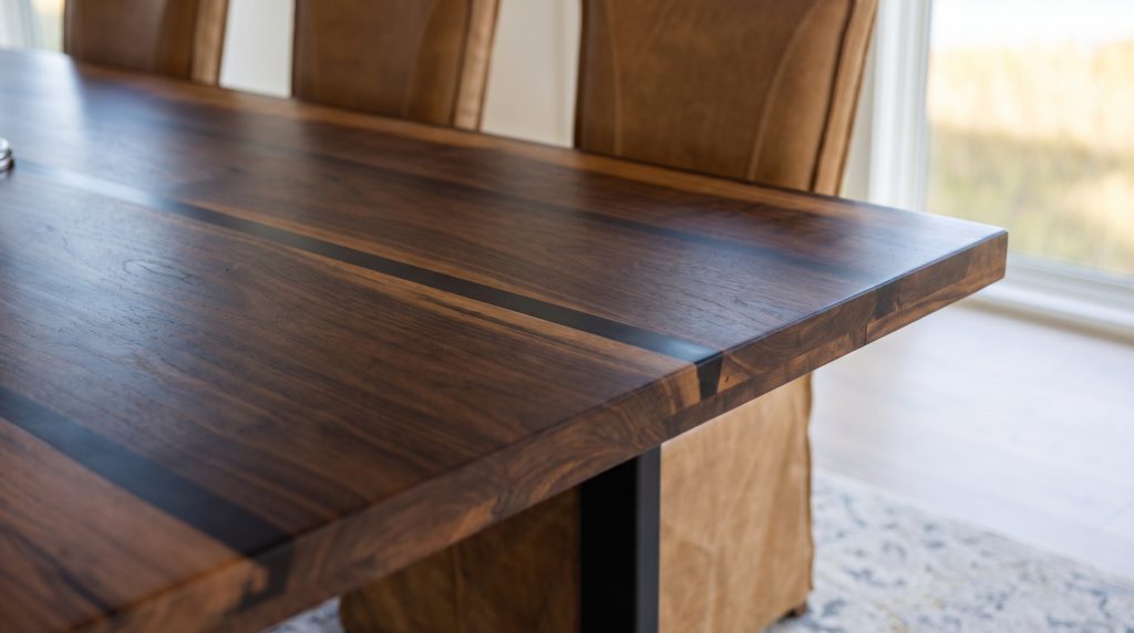 A black resin seam: Glossy black resin filling a natural split in the dark heartwood.
