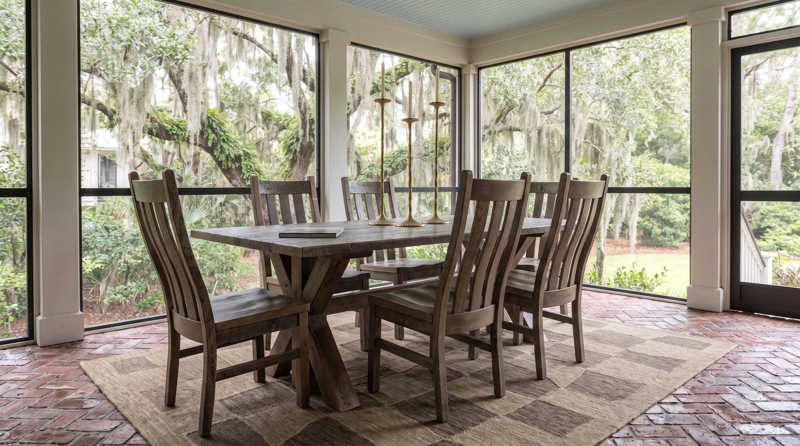 A weathered gray reclaimed plank table on a heavy X trestle, with six tall slat-back chairs in the same gray, on a Kiawah screened porch.