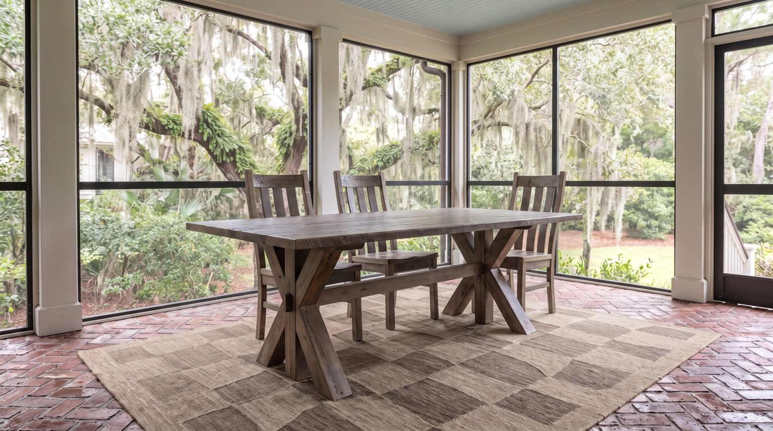 The X trestle table: A wide plank top on a heavy X-shaped trestle base.