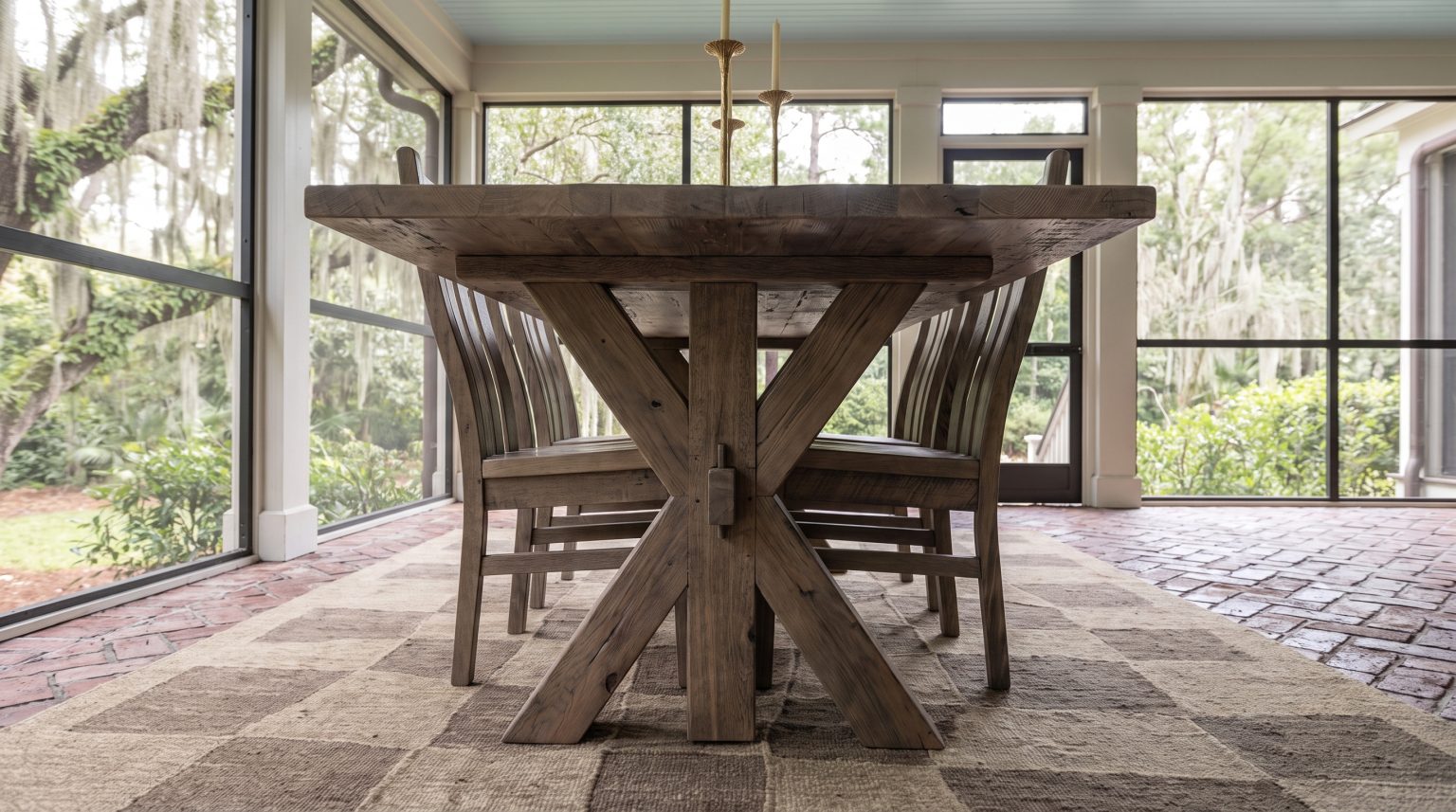 The trestle end: Thick crossed legs joined by a center stretcher.