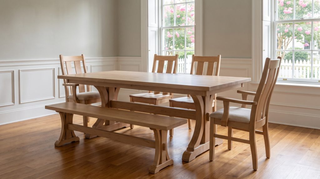 A pale natural trestle table with scrolled feet and a through-tenoned stretcher, a matching bench and slat-back chairs, in an Old Village dining room.