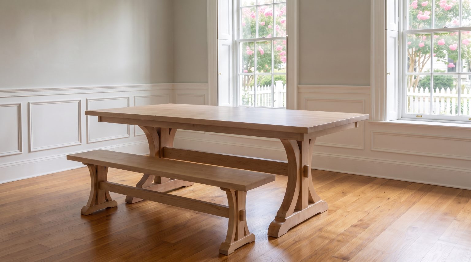 Table and bench: A trestle table and matching bench on scrolled feet.