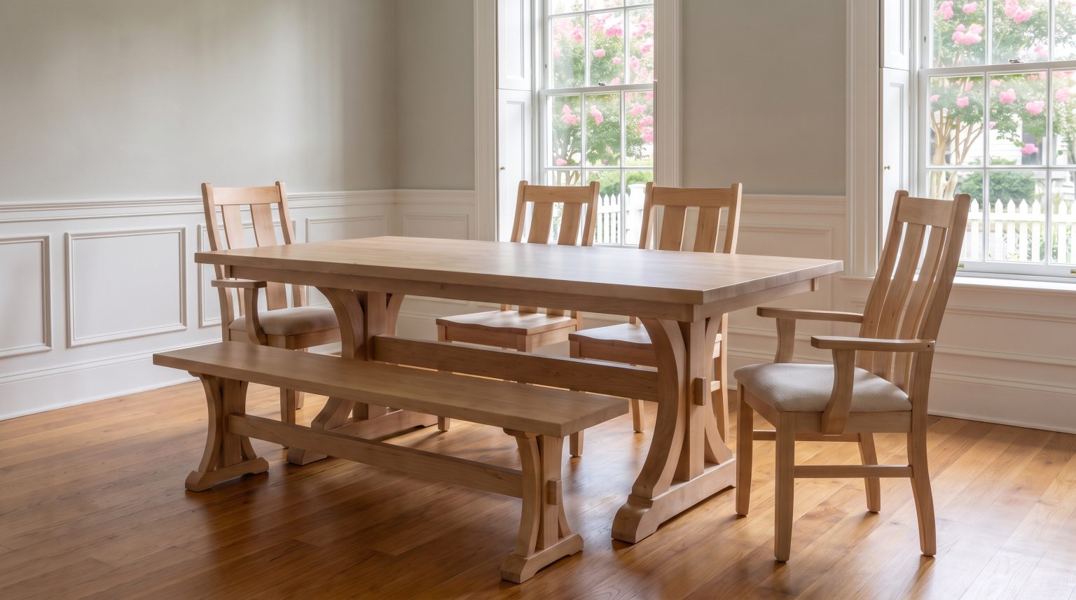 The slat-back armchair: Three wide slats, flat arms and an oatmeal seat.