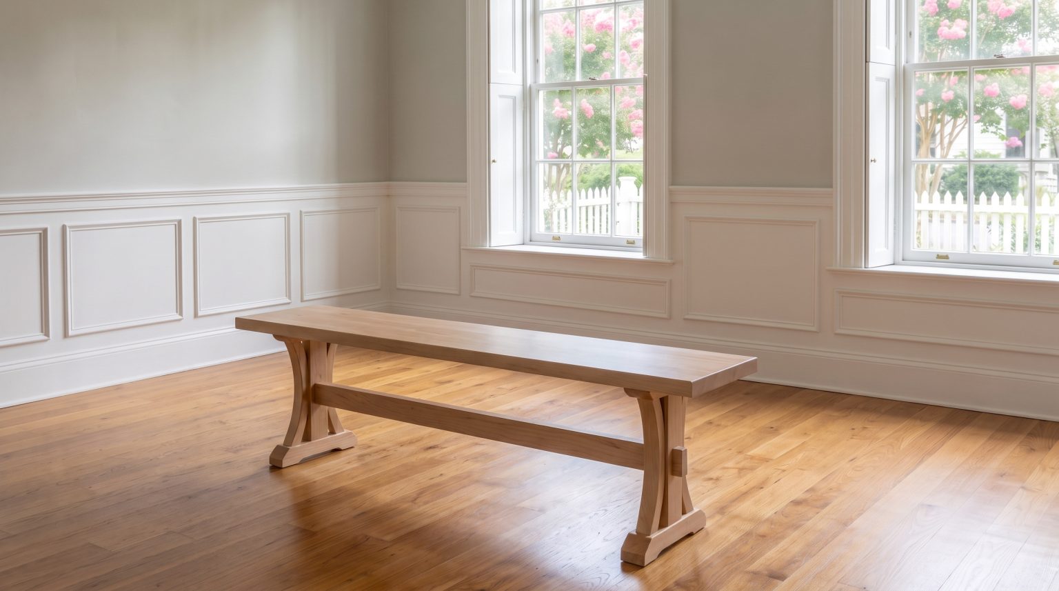 The bench: A backless plank bench on scrolled trestle ends.