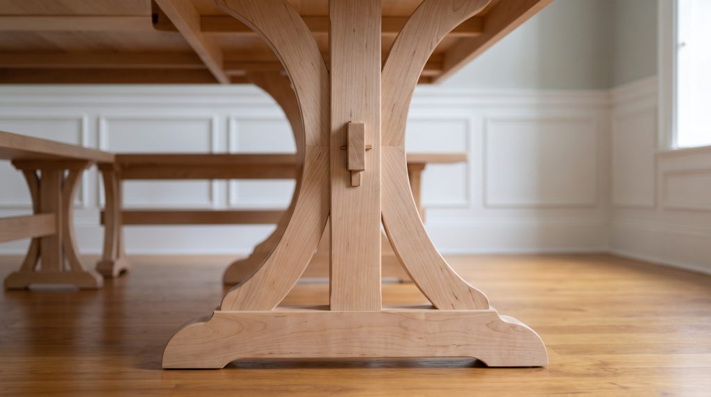 The scrolled foot: A shaped trestle foot with the stretcher's through-tenon.