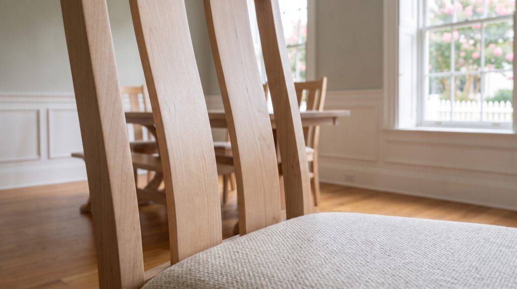 Slats on fabric: Pale wood slats meeting an oatmeal upholstered seat.