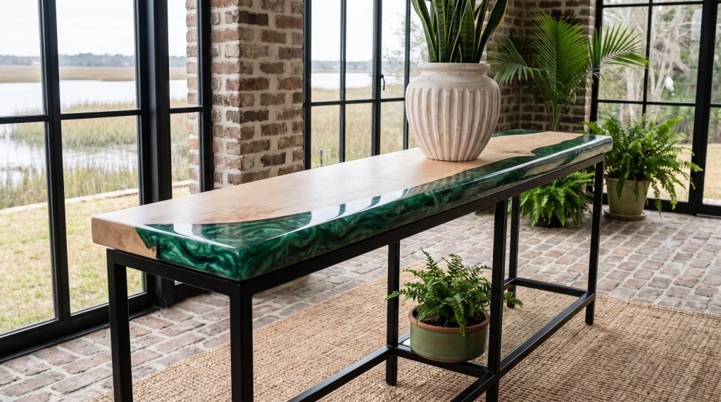 A narrow console whose live edge is filled with swirled emerald resin, on a slim black steel frame, in a brick-walled marsh sunroom.