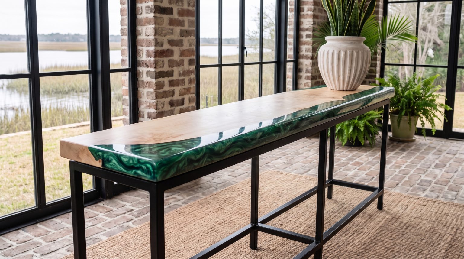 The resin-edge console: A pale top with an emerald resin edge on a black steel frame.