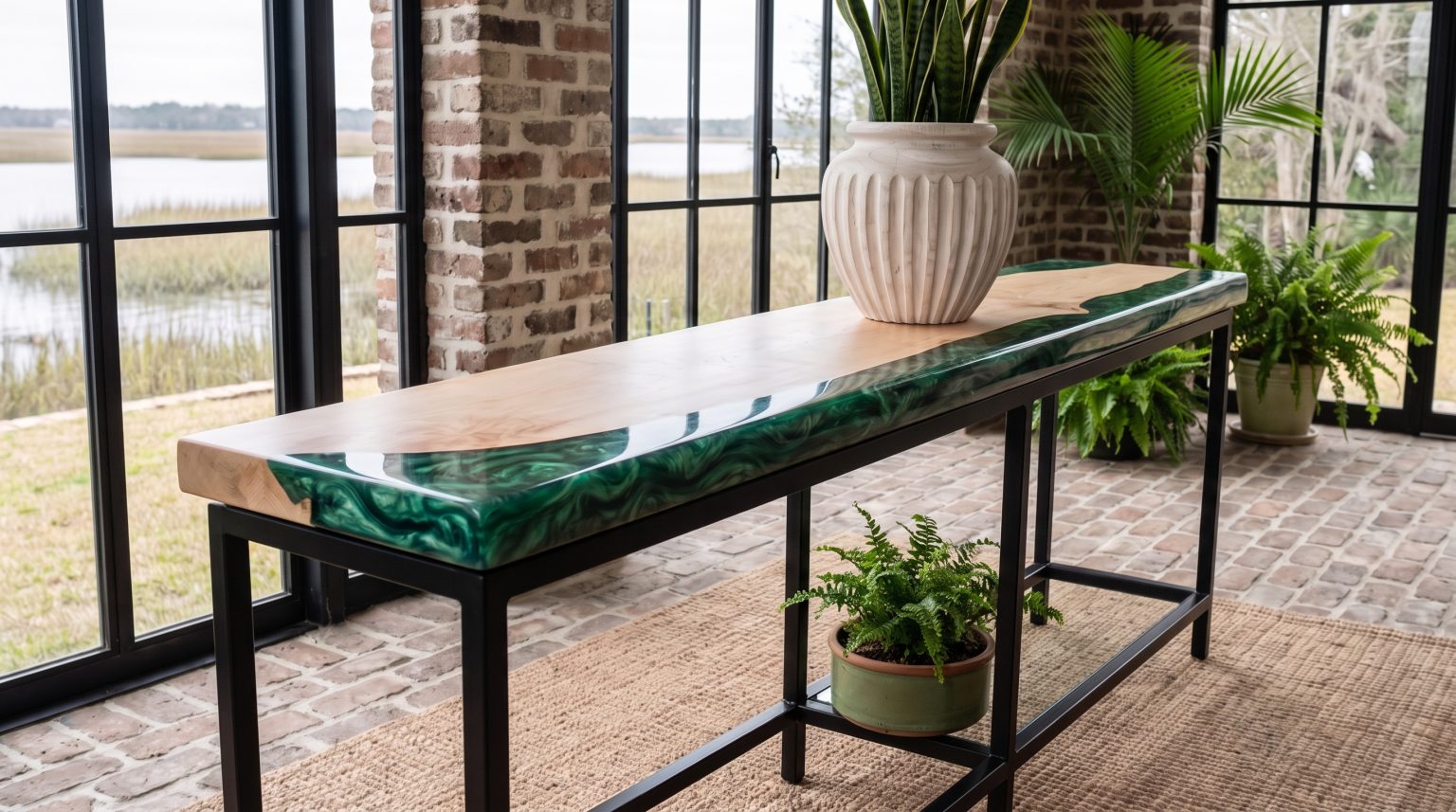 The console end: Resin wrapping the corner beside a fluted vase.