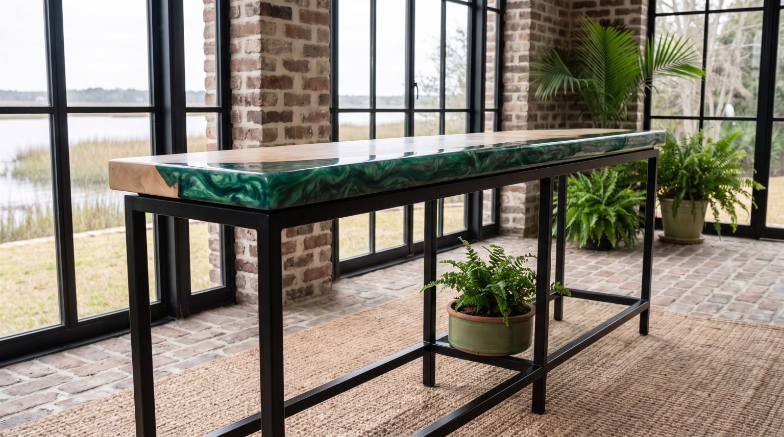 The steel frame: Slim square tube with low stretchers and open space below.