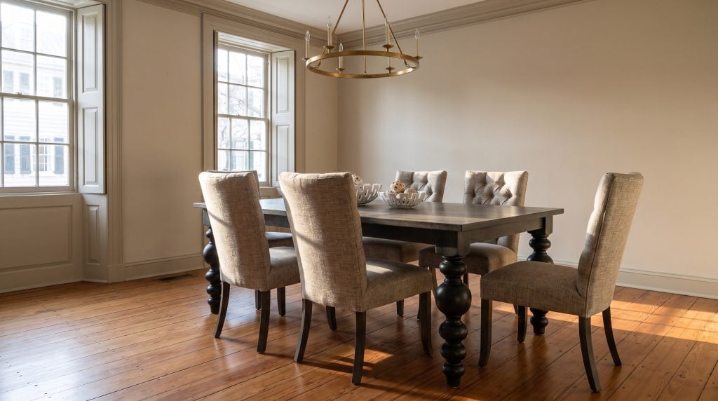 A smoky taupe table top on a black painted base with bold bobbin-turned legs, with six tufted tweed chairs, in a downtown Georgian dining room.