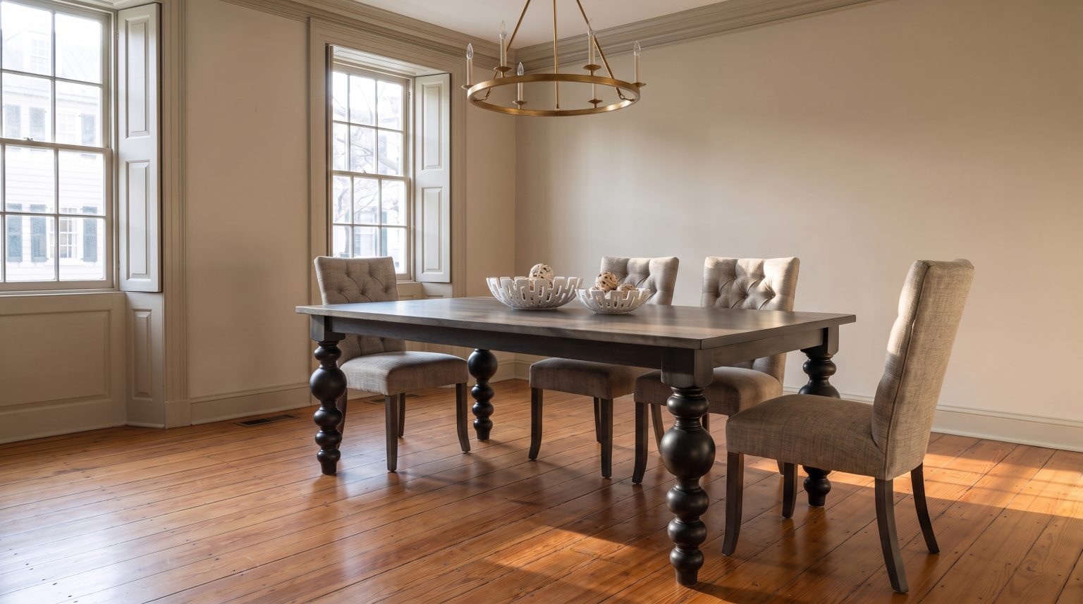 The bobbin-leg table: A taupe top on a black base with stacked turned legs.