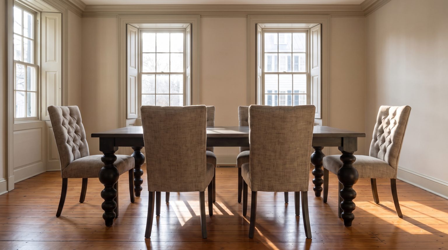 Two tufted chairs: Diamond-tufted tweed backs on dark legs.