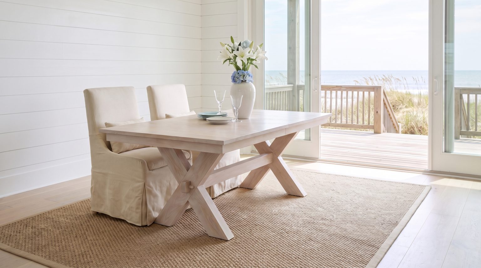 The X trestle table: A whitewashed top on crossed legs with a through-tenon.