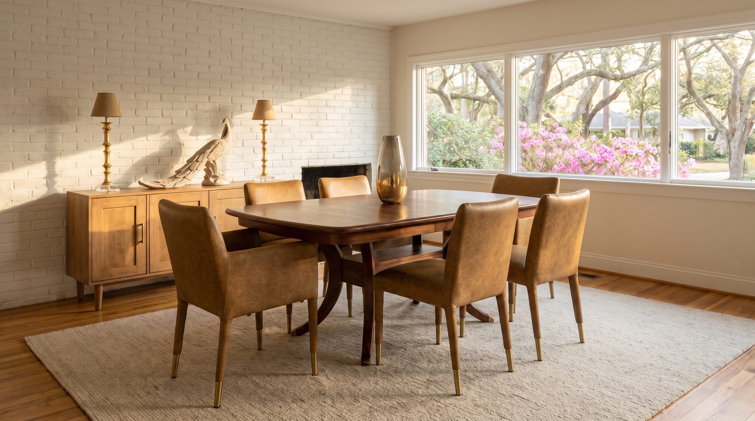 A walnut table with a softly curved boat-shaped top on a pedestal base, six camel leather chairs on brass-tipped legs and a honey sideboard, in a West Ashley ranch.