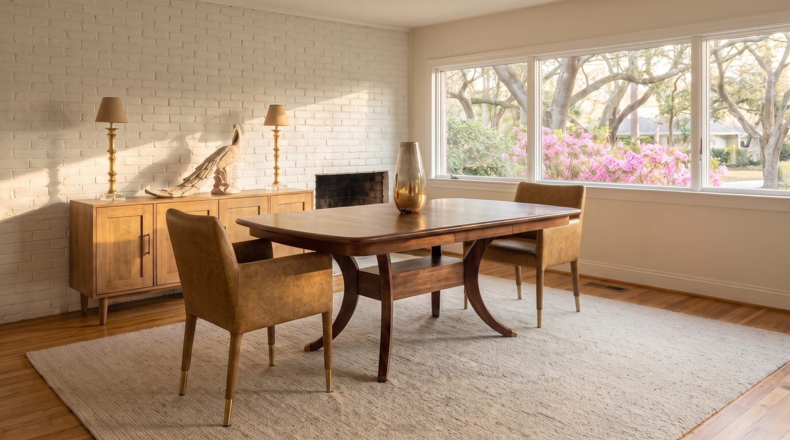 The boat-top table: Walnut top with bowed sides on a pedestal base.