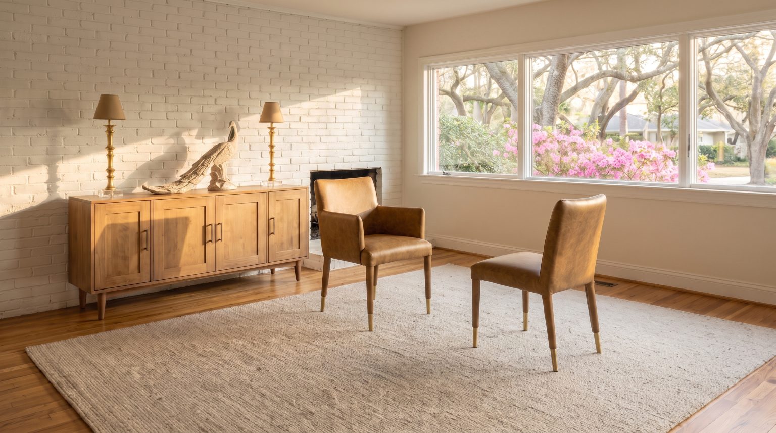 Two leather chairs: An armchair and side chair in mottled camel leather.