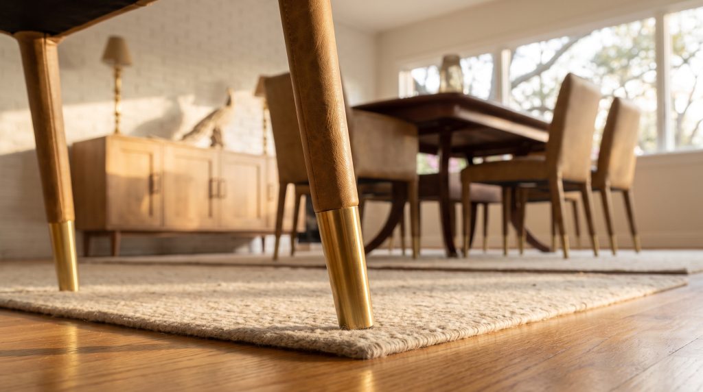 The brass tip: A tapered leather leg ending in a polished brass cap.