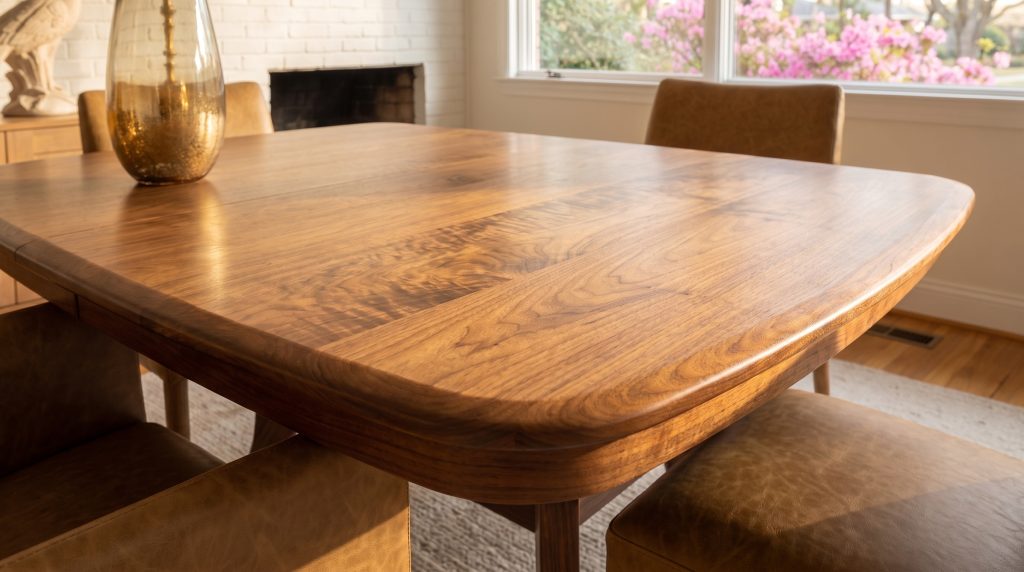 The rounded corner: Figured walnut curving around the corner of the top.