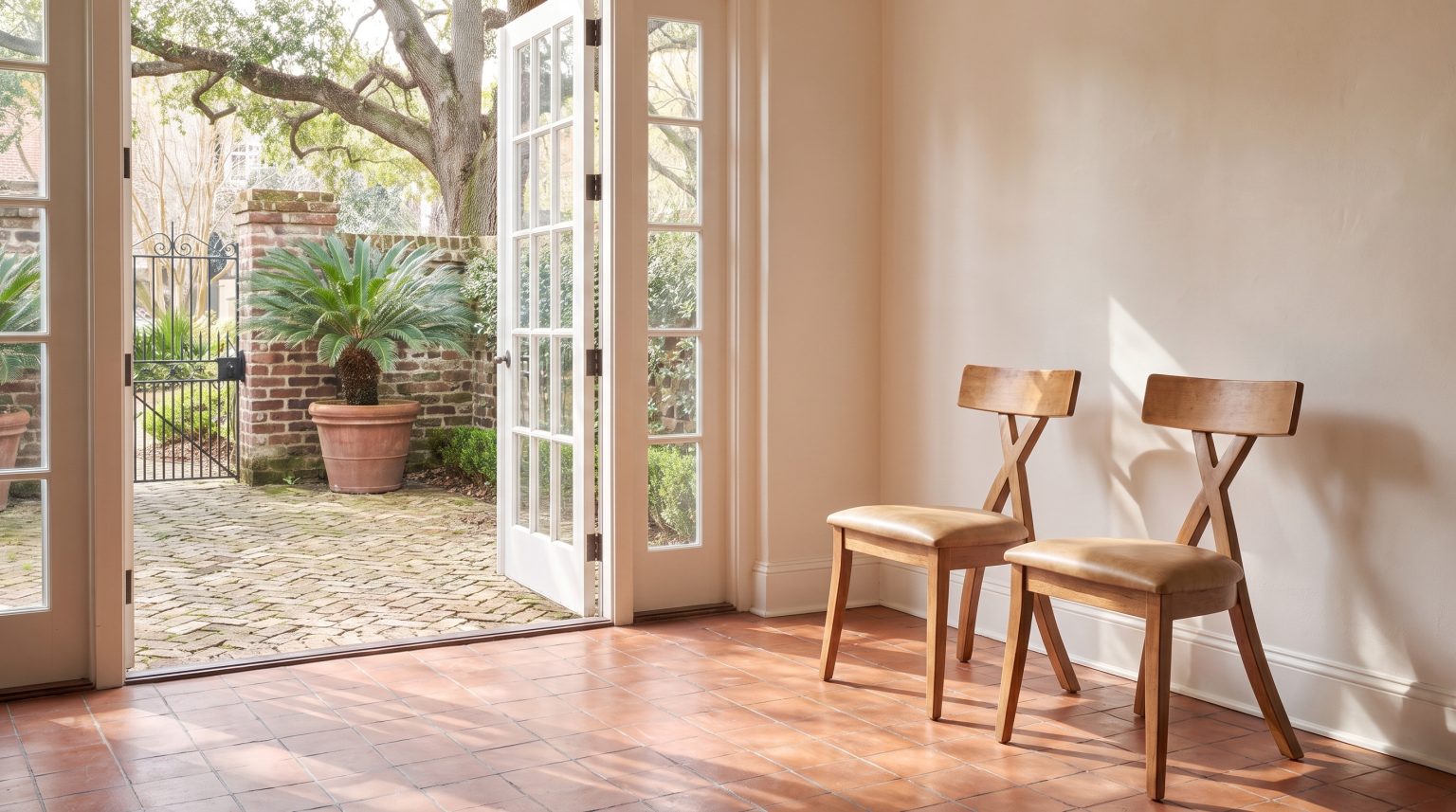 Two chairs: A wide curved back and legs that cross in an X.