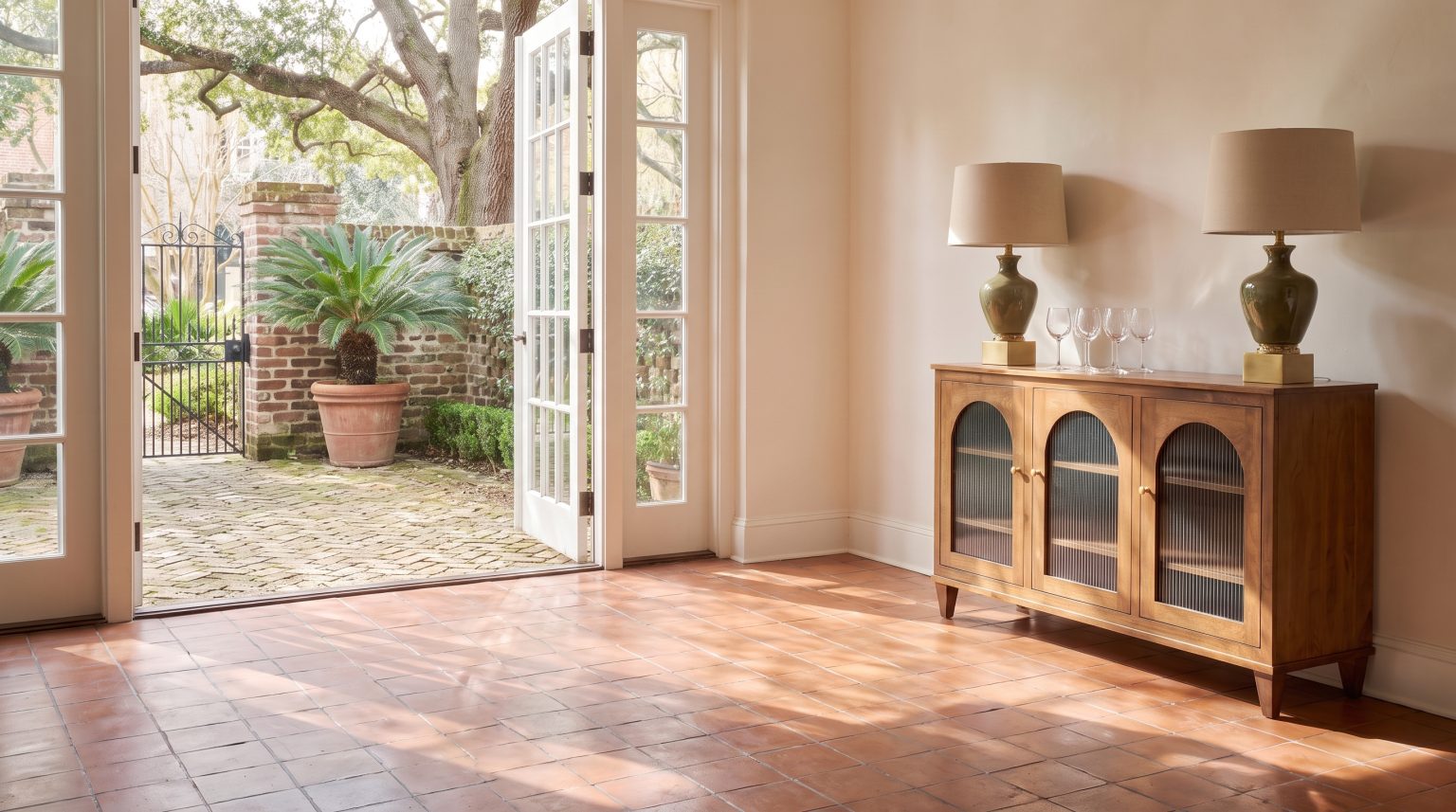 The arched sideboard: Three arched doors in reeded glass on tapered legs.