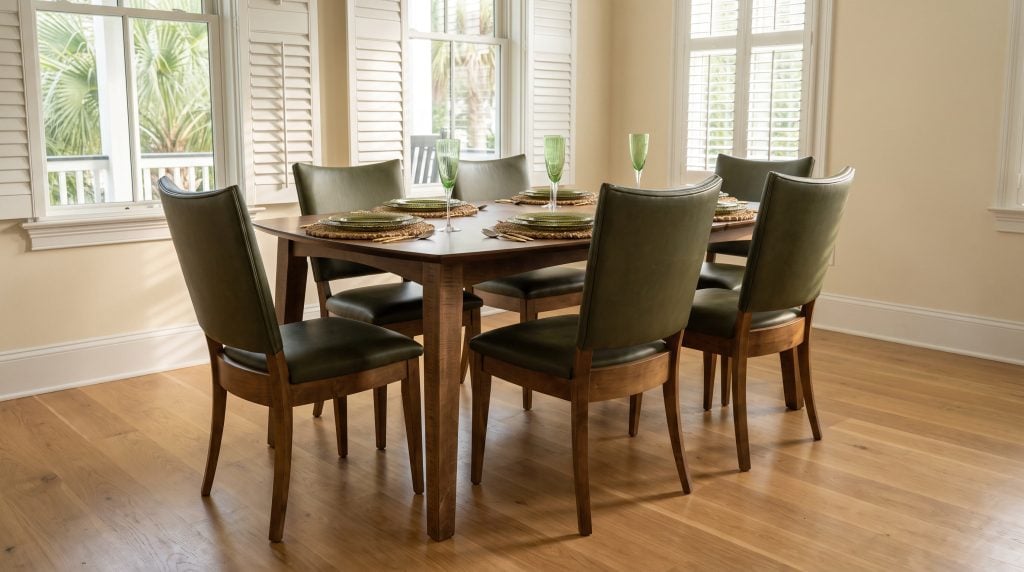 A brown rectangular table with softly rounded corners and square tapered legs, with six olive leather chairs on exposed wood frames, in an I'On porch house.