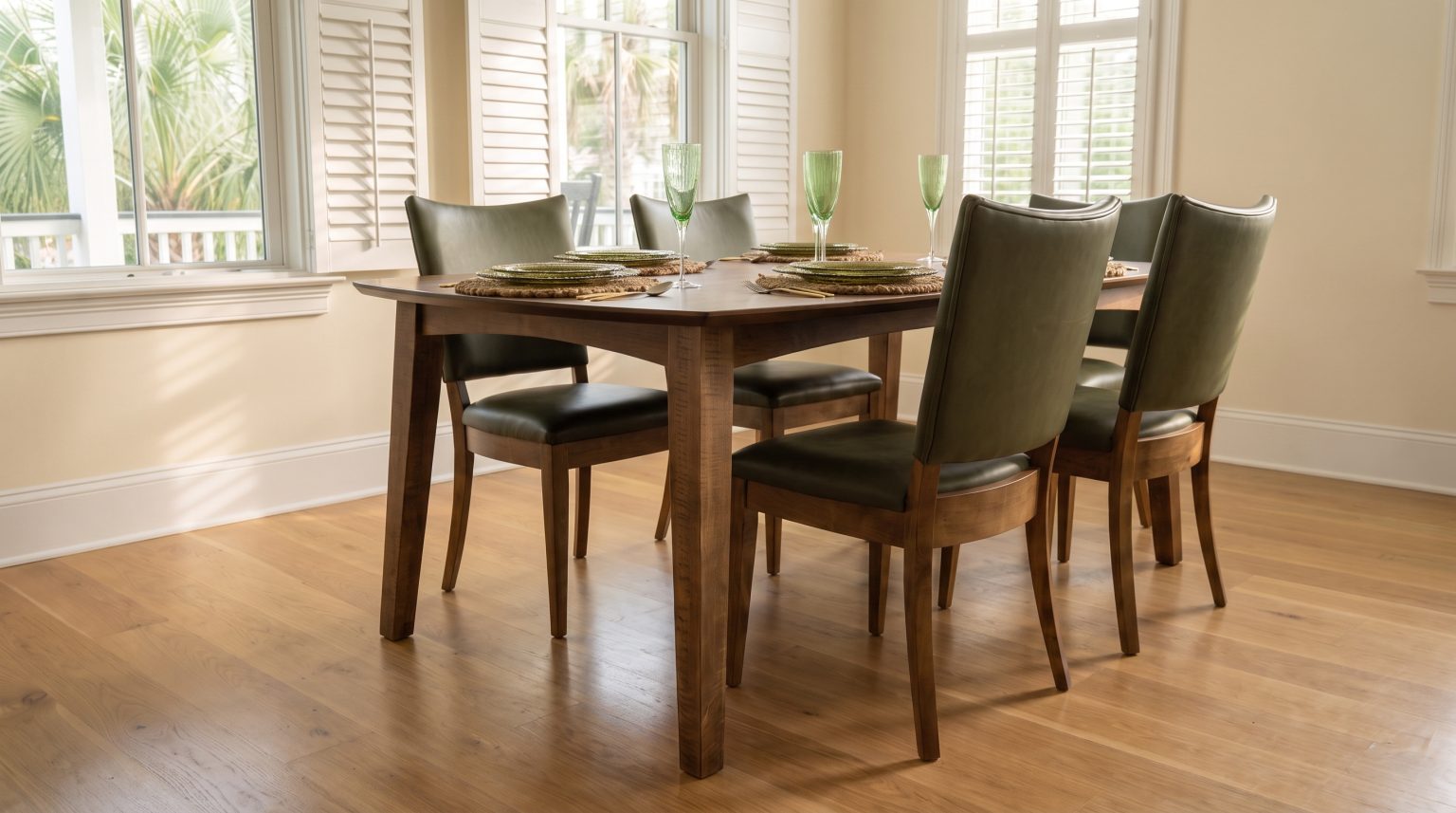 The tapered-leg table: A brown top with rounded corners on square tapered legs.