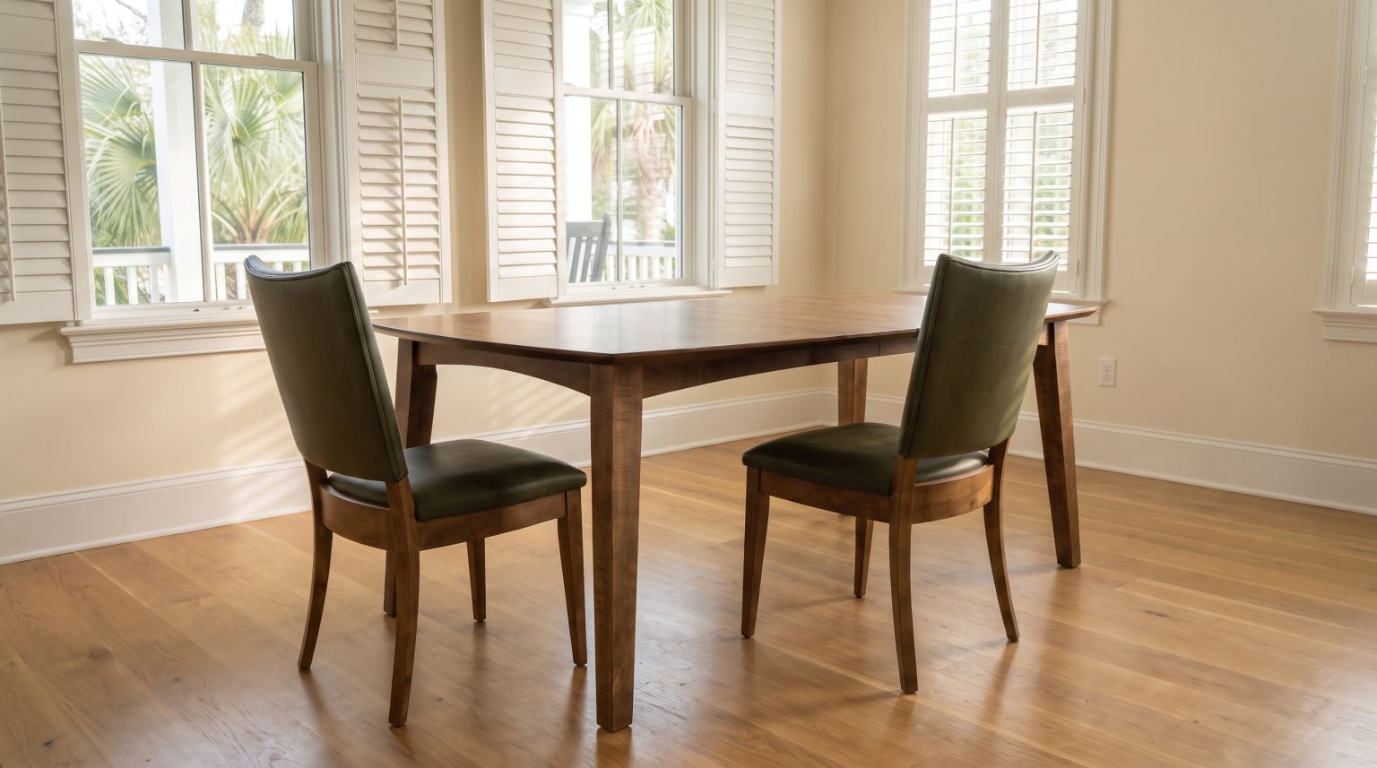 Two olive chairs: Olive leather on an exposed brown wood frame.