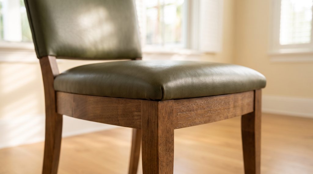 Leather on wood: Olive leather seat meeting the brown wooden seat frame.