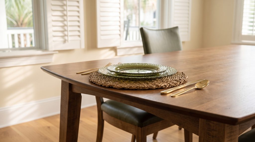 A place setting: Seagrass mat and olive glass on the brown top.