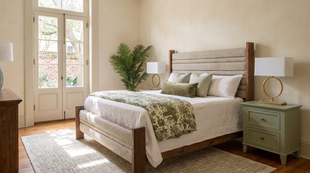 An upholstered bed with a horizontally channeled oatmeal headboard between walnut posts, beside a sage painted nightstand, in an Ansonborough courtyard room.