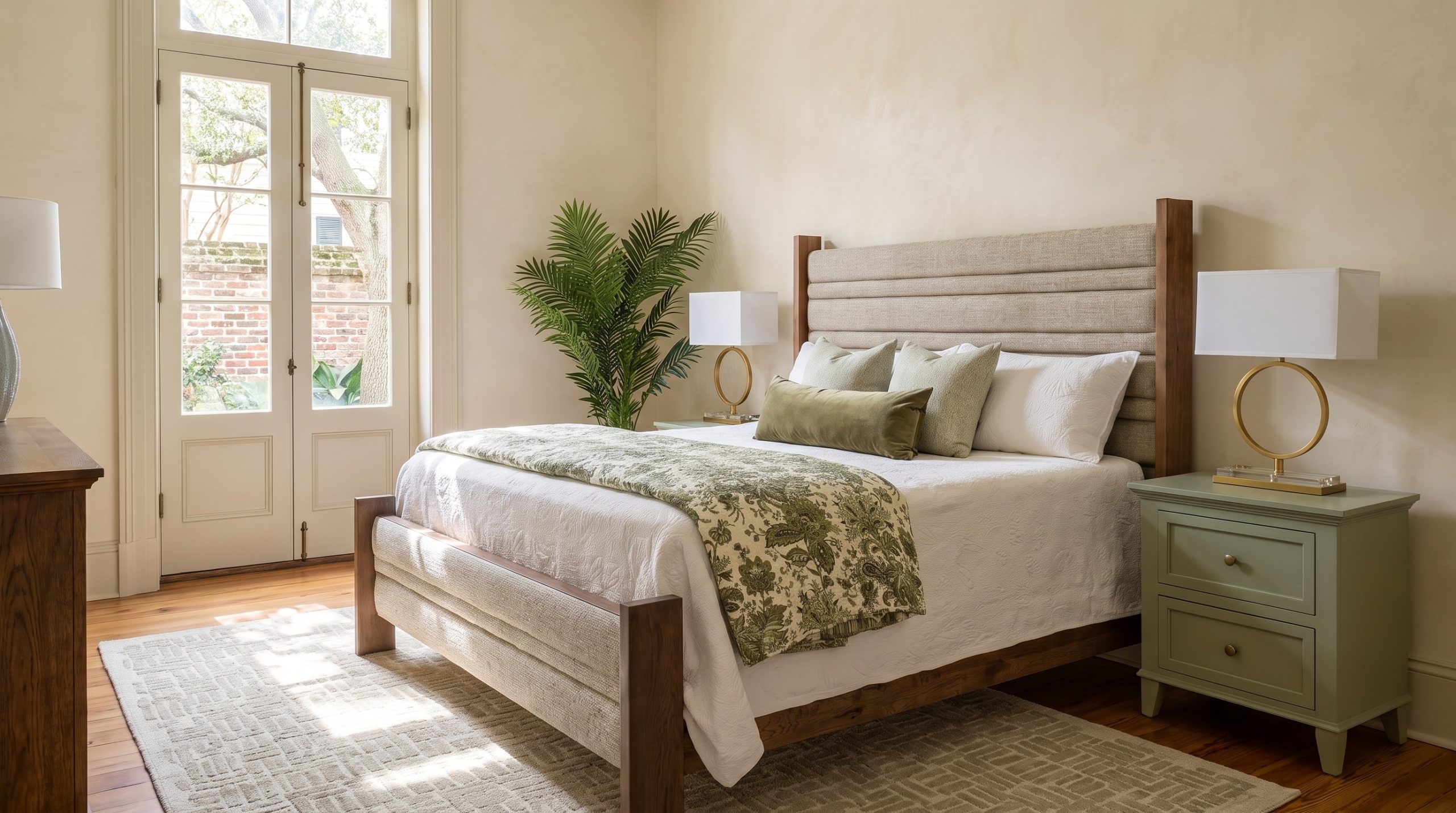 An upholstered bed with a horizontally channeled oatmeal headboard between walnut posts, beside a sage painted nightstand, in an Ansonborough courtyard room.