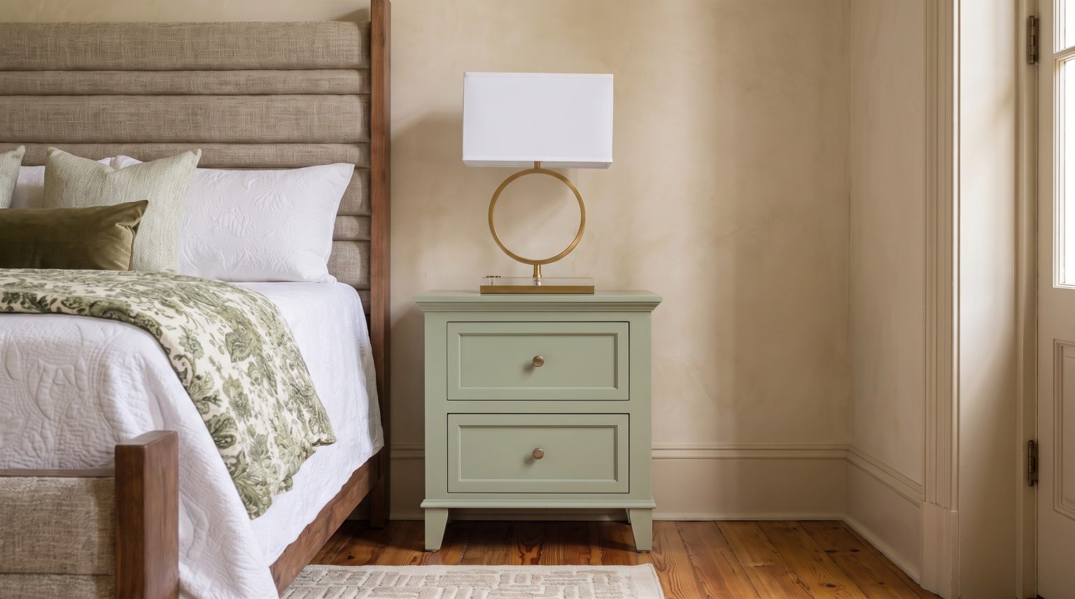 The sage nightstand: Two drawers, brass knobs and splayed feet in soft sage.