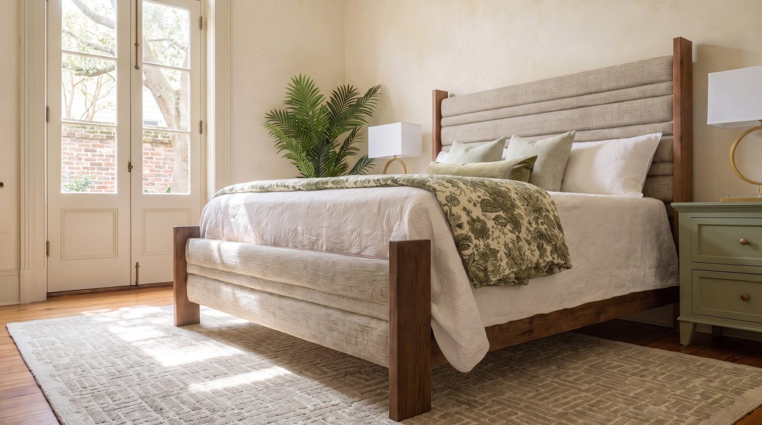 The upholstered footboard: Channeled oatmeal fabric between short walnut posts.