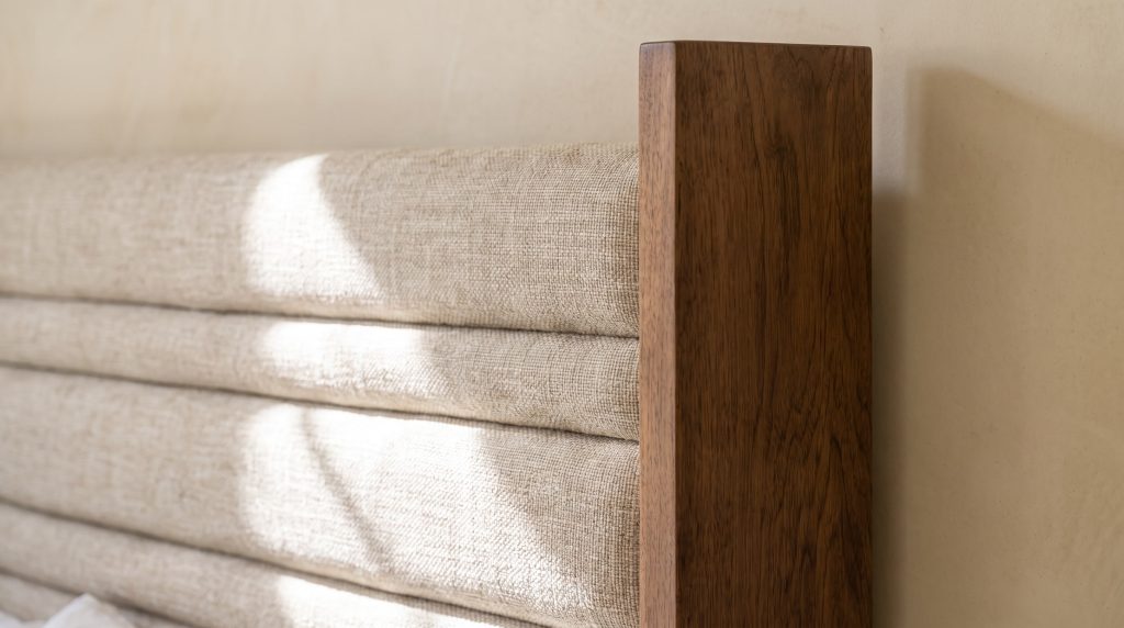 Channels meet walnut: Slubbed oatmeal fabric in rounded channels against a satin walnut post.