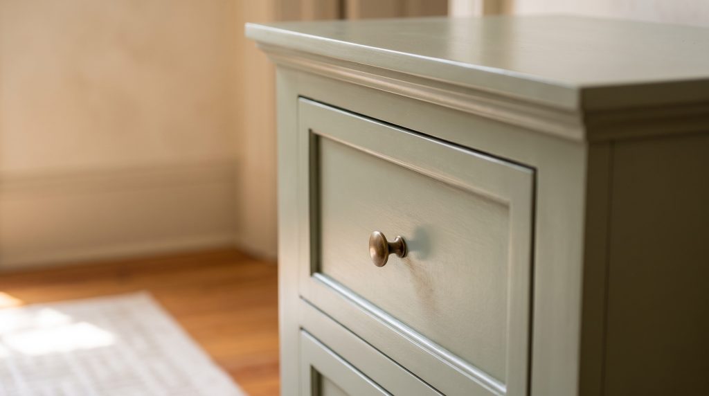 A brass knob on sage: Eggshell sage paint around a small antique-brass knob.