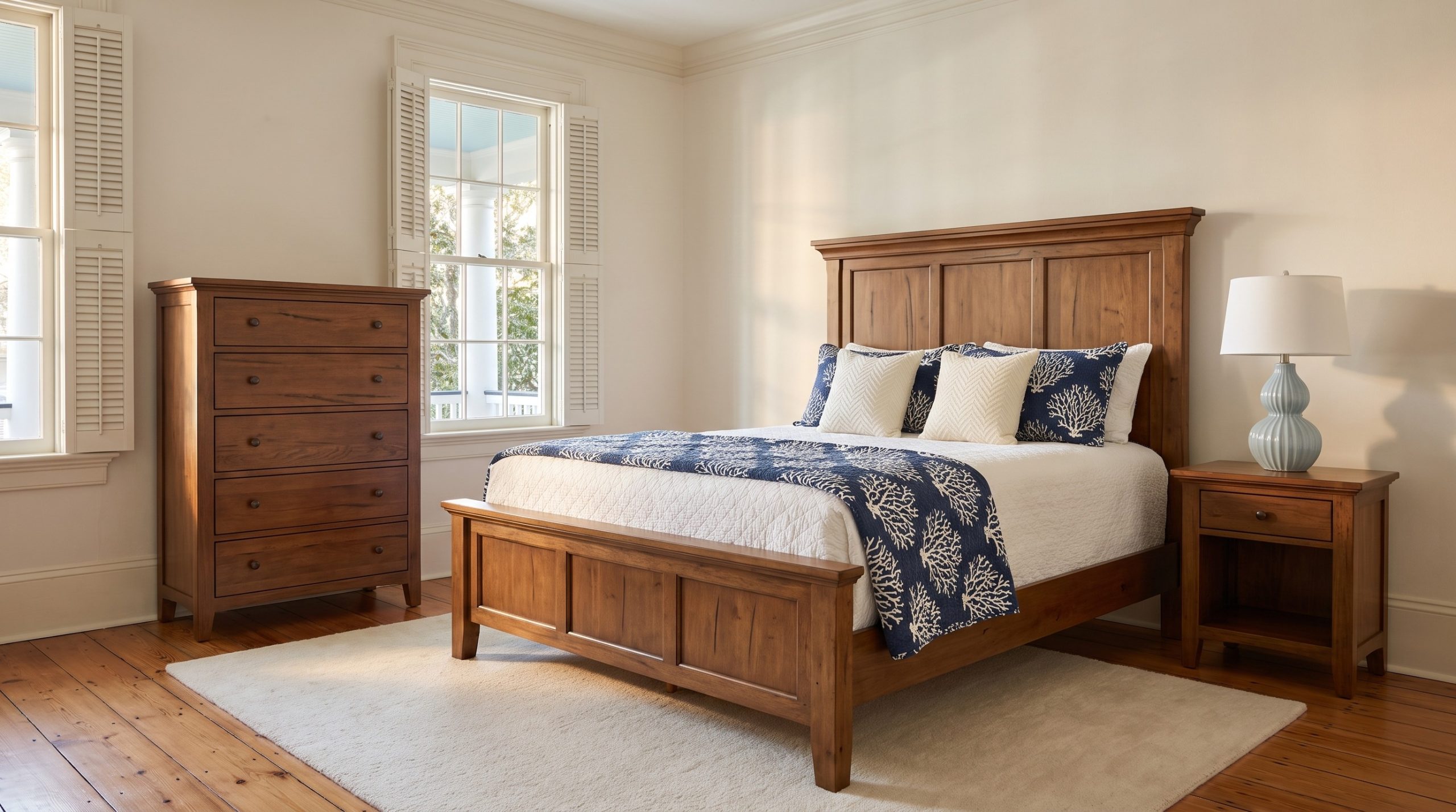 A brown panel bed with a stepped molded cornice over three recessed panels, a five-drawer chest and a one-drawer nightstand, in a downtown Charleston single house.